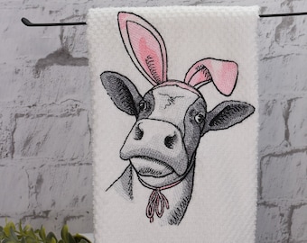 Toalla bordada de vaca conejito de Pascua, toalla de cocina de granja caprichosa con vaca con orejas de conejo es un regalo perfecto para mamás o abuelas