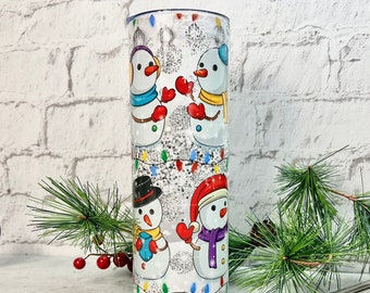 Snowman Print Skinny Tumbler with Lid and Straws, 20 oz. Stainless Steel Travel Container for Hot and Cold Beverages with Full Color Design