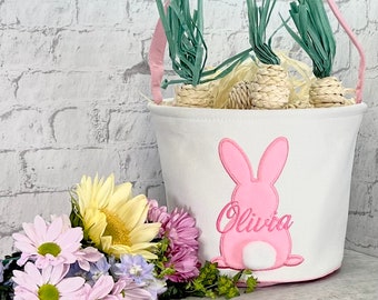 Personalized Easter Basket with Custom Embroidered Name, Pink or Blue Bunny Egg Hunt Bucket for Easter Holiday Gift for Boy or Girl