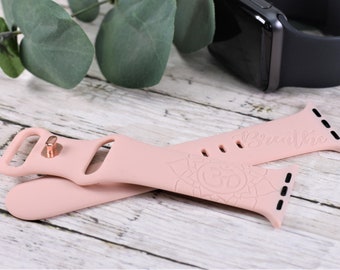OM Mandala Yoga Custom Engraved Silicone Watch Band, Personalized Name Soft Silicone Sport Strap, Compatible with Apple Series 12345 SE 67