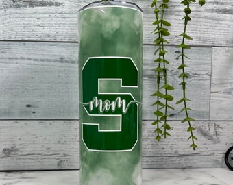 Michigan State Mom Tumbler, Personalized to College or University, 20 oz Skinny Water Bottle, Custom Stainless Steel Tumbler with 2 Straws