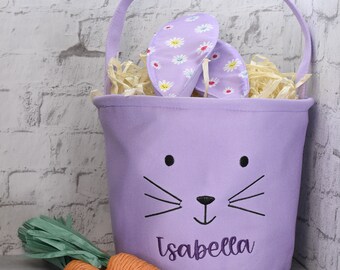 Easter Basket with Custom Name Embroidery, Personalized Gift for Boy or Girl in Purple, Blue, Pink or White Color Bunny Ears and Print Liner