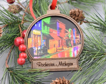 Rochester Michigan Photo Ornament, Big Bright Light Show Snow Globe, Custom Holiday Tree Decoration, Gift for Native Michigander