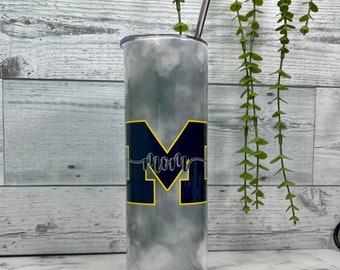 Michigan Mom College Tumbler, Personalized to University of Choice, 20 oz Skinny Water Bottle, Custom Stainless Steel Tumbler with 2 Straws