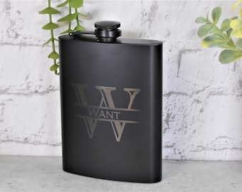 Personalized Hip Flask with Custom Monogram, Black Stainless Steel with Laser Engraved Letters, Groomsman Gift, Bachelor Party, Golf Outing