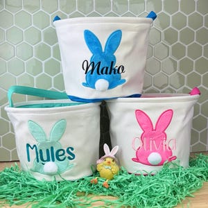 Personalized Pink or Teal Easter Bunny Basket: Custom Name, Egg Hunt Bucket for Boy or Girl, Colors Available Green, Pink, Purple, White