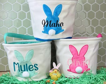 Personalized Pink or Teal Easter Bunny Basket: Custom Name, Egg Hunt Bucket for Boy or Girl, Colors Available Green, Pink, Purple, White