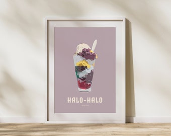 May include: A digital illustration of a Filipino dessert called Halo-Halo. The dessert is a layered shaved ice dessert with various ingredients, including sweet beans, ube halaya, leche flan, and fruit. The dessert is topped with a scoop of ice cream and a spoon.