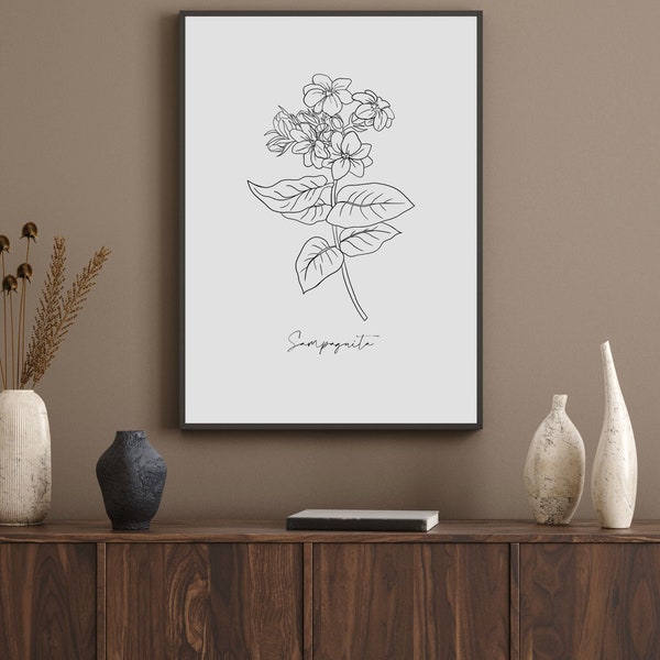 Arte Sampaguita / Cartel de arte vegetal / Impresión de plantas / Amante de las plantas de regalo / Flor filipina / Jazmín blanco / Arte de pared de Filipinas / Arte lineal