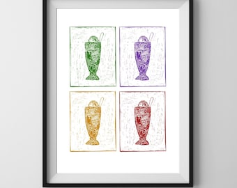 May include: A framed print of four illustrations of ice cream sundaes in different colors: green, purple, orange, and red.