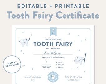 Editable Tooth Fairy Certificate, Printable Tooth Fairy Receipt, Kids First Tooth, Lost Baby Tooth, Official Visit Letter, Instant Download