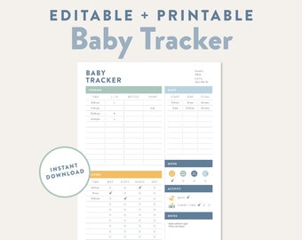 May include: Printable baby tracker log with sections for feeding, sleep, diapers, mood, and activity. The log is 8.5 inches by 11 inches.