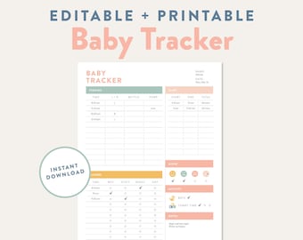 May include: Printable baby tracker log with sections for feeding, sleep, diaper changes, mood, and activity. The log is 8.5 inches by 11 inches and has a light pink and green color scheme.