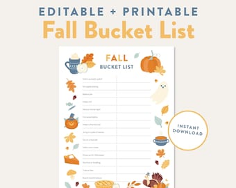 May include: Printable Fall Bucket List with a colorful design featuring pumpkins, leaves, a turkey, a ghost, and a witch's hat. The list includes activities like visiting a pumpkin patch, going apple picking, baking a pie, having a movie night, carving pumpkins, making a thankful list, jumping in a pile of leaves, going on a hayride, visiting a corn maze, dressing up for Halloween, going trick or treating, taking a hike, and roasting marshmallows. The list is 8.5 inches by 11 inches and is a PDF.