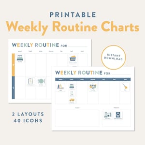 Weekly Routine Chart with Pictures, Printable Visual Chart for Kids, Weekly Schedule, Daily Routine Tracker, AM/PM, Blue, Instant Download