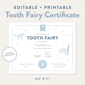Certificado de fada do dente editável, recibo de fada do dente para impressão, primeiro dente infantil, dente de bebê perdido, carta de visita oficial, download instantâneo