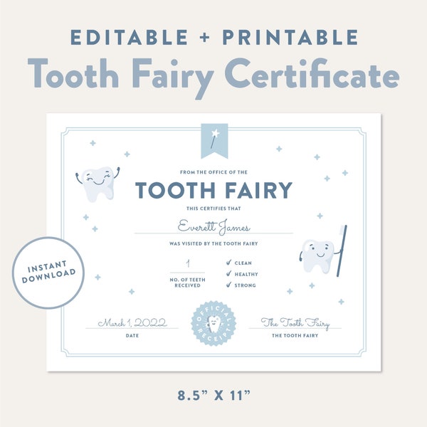 Editable Tooth Fairy Certificate, Printable Tooth Fairy Receipt, Kids First Tooth, Lost Baby Tooth, Official Visit Letter, Instant Download