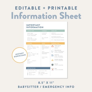 Folha de informações editável sobre babás, informações de contato de emergência para impressão, PDF de informações importantes, notas sobre cuidados infantis, PDF para download instantâneo