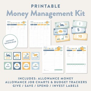 May include: Printable dinosaur-themed money management kit for kids. Includes allowance trackers, job charts, and budget trackers. Also includes labels for give, save, spend, and invest.