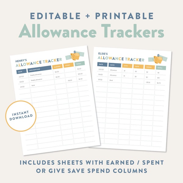 Allowance Budget Tracker for Kids, Printable Expense List, Editable Spending Log, Kids Money Management, Personalized, Instant Download PDF