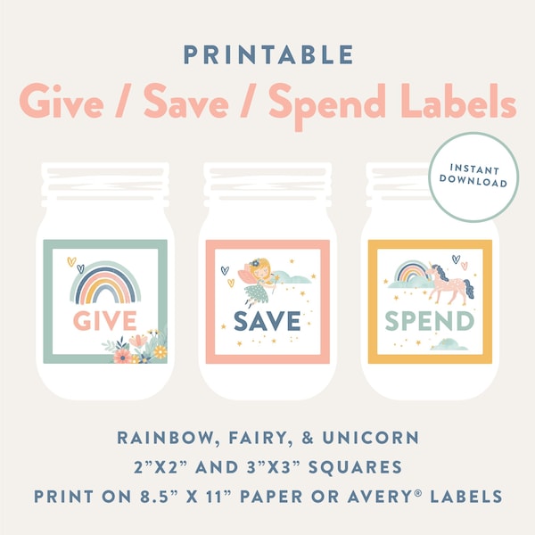 Give Save Spend Labels, Printable Allowance Jar Label, Rainbow, Fairy, Unicorn, Piggy Bank Stickers, Kids Money Management, Instant Download