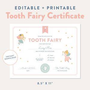 Certificado editable del hada de los dientes, recibo imprimible del hada de los dientes, primer diente de los niños, diente de bebé perdido, carta de visita oficial, descarga instantánea
