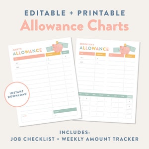 May include: Printable allowance charts for kids featuring a pink piggy bank with a dollar coin on top. The charts include a job checklist and a weekly amount tracker.