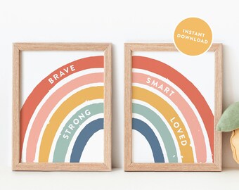 Rainbow Kids Room Art Prints: Brave, Strong, Smart, Loved (Digital Download)