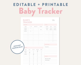 May include: Printable baby tracker log with pink and blue accents. The log includes sections for feeding, sleep, diapers, activities, and notes. The text "ELSIE'S TRACKER" is at the top of the page. The text "8.5" x 11" NEWBORN CARE LOG" is at the bottom of the page.