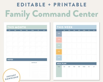 May include: Printable family command center with a monthly and weekly calendar, shopping list, and meal planner. The calendar is in a light blue and green color scheme with a light gray background. The printable is 16 inches by 20 inches.