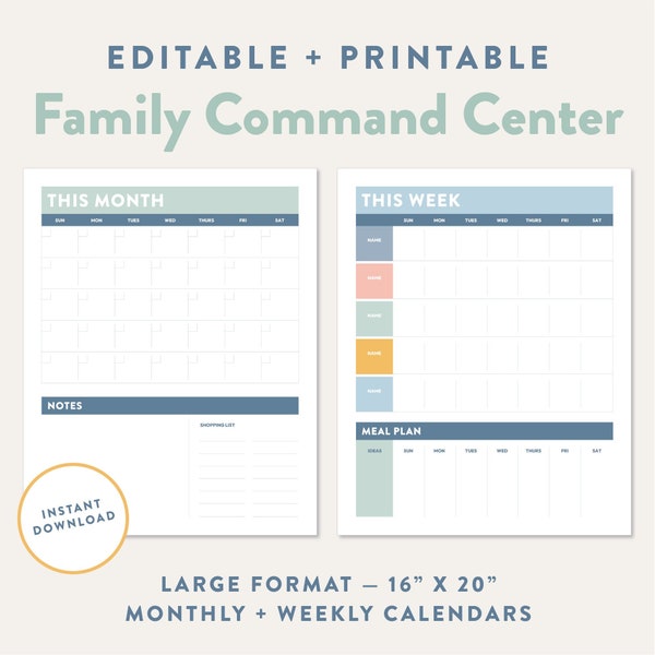 Editable Family Command Center, Printable Monthly Calendar & Weekly Schedule for DIY Dry Erase Board, Family Organizer, Digital Download PDF