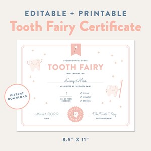 Certificado de fada do dente editável, recibo de fada do dente para impressão, primeiro dente infantil, dente de bebê perdido, carta de visita oficial, download instantâneo