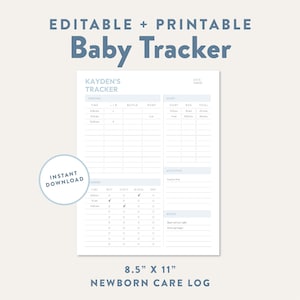 Printable Newborn Care Log, Custom Baby Tracker for Feeding, Diapers, and Sleep, Breastfeeding, Pumping, Nursing Record, Instant Download