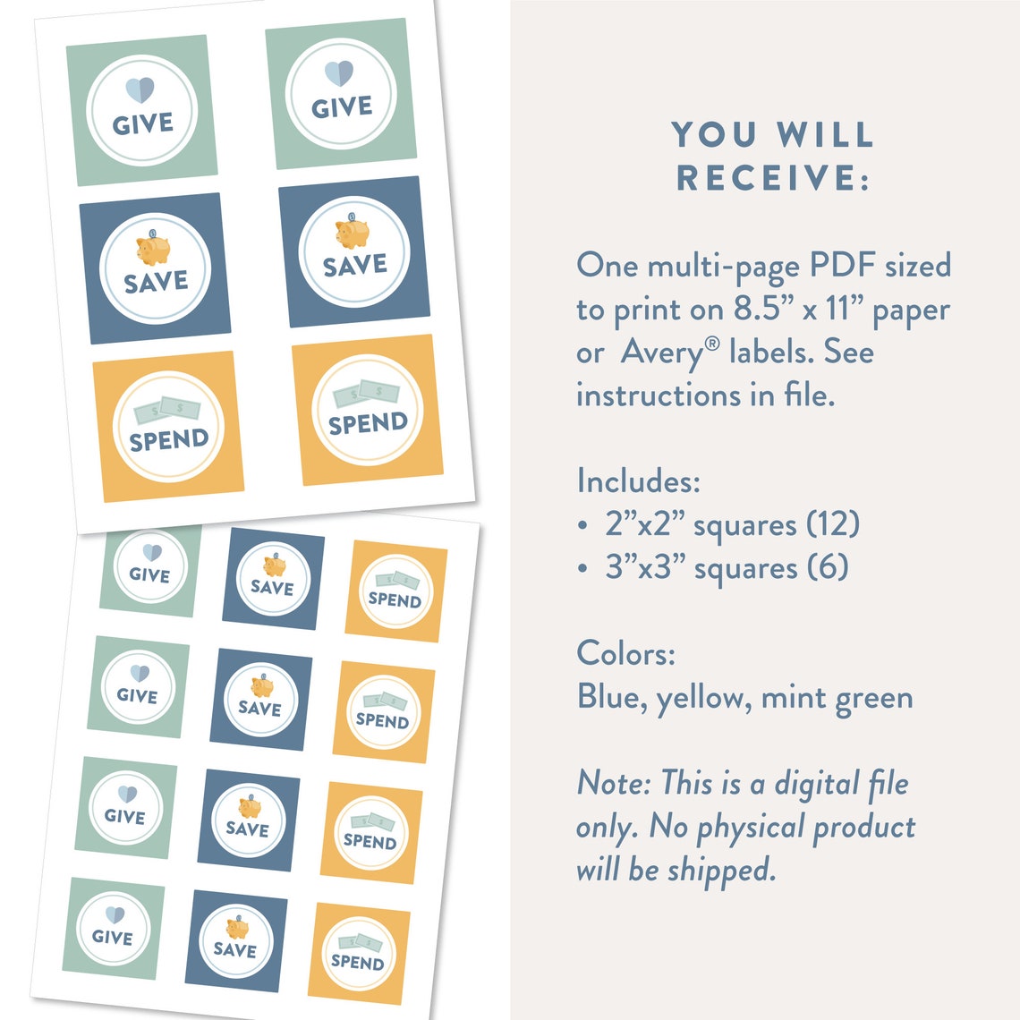 Give Save Spend Square Labels, Printable Allowance Jar Labels, Piggy ...