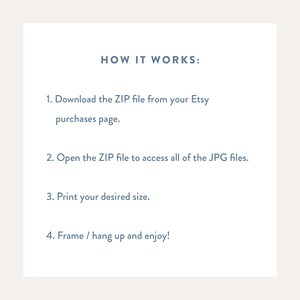 May include: A white background with blue text explaining how to download, open, print, and frame digital printable art. The text reads: "HOW IT WORKS: 1. Download the ZIP file from your Etsy purchases page. 2. Open the ZIP file to access all of the JPG files. 3. Print your desired size. 4. Frame / hang up and enjoy!"