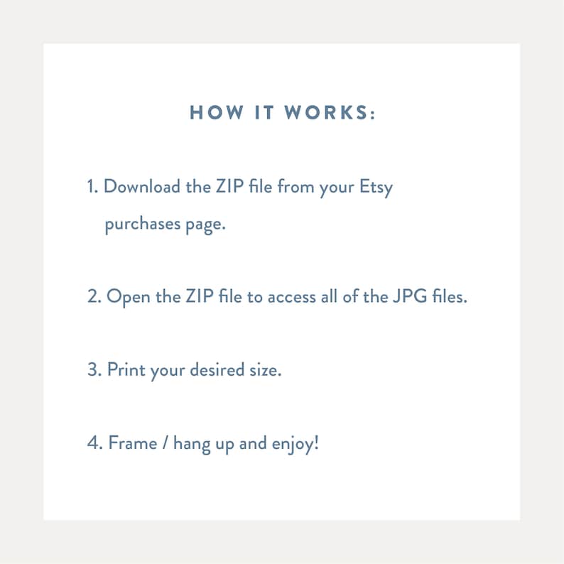 May include: A white background with blue text explaining how to download, open, print, and frame digital printable art. The text reads: "HOW IT WORKS: 1. Download the ZIP file from your Etsy purchases page. 2. Open the ZIP file to access all of the JPG files. 3. Print your desired size. 4. Frame / hang up and enjoy!"
