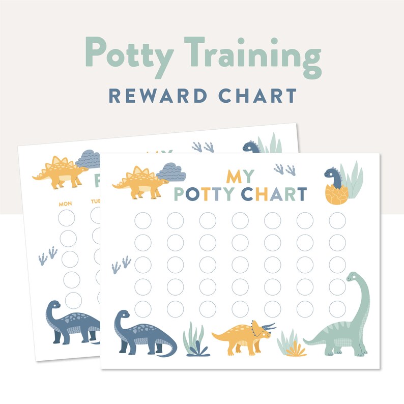 May include: Two printable potty training reward charts featuring a dinosaur theme. The charts have a blue and yellow color scheme with various dinosaur illustrations. The text on the chart reads "My Potty Chart".