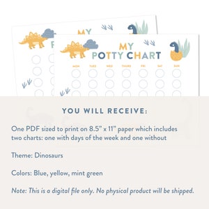 May include: Printable potty training chart featuring a dinosaur theme. The chart includes a space for each day of the week and a section for stickers or other rewards. The colors are blue, yellow, and mint green.