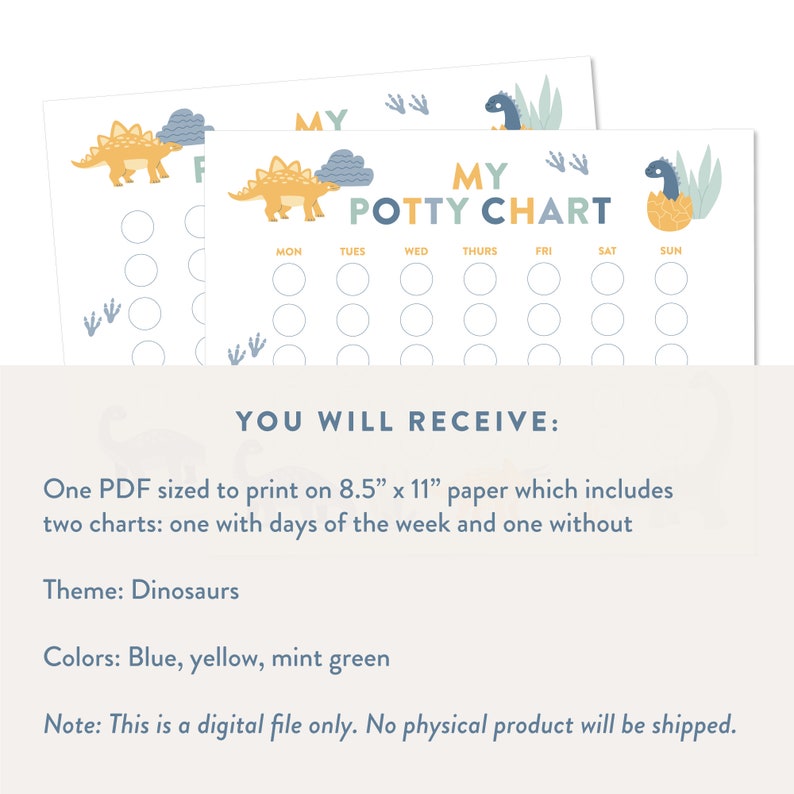 May include: Printable potty training chart featuring a dinosaur theme. The chart includes a space for each day of the week and a section for stickers or other rewards. The colors are blue, yellow, and mint green.
