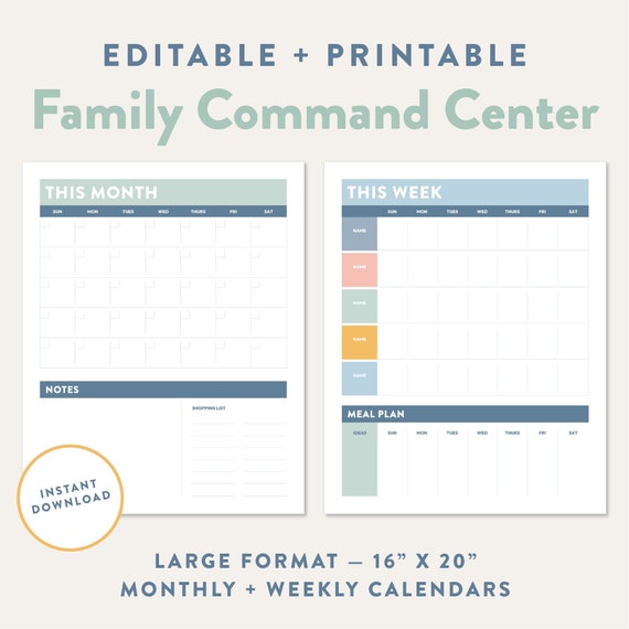 Editable Family Command Center Printable Monthly Calendar &amp; - Etsy ...