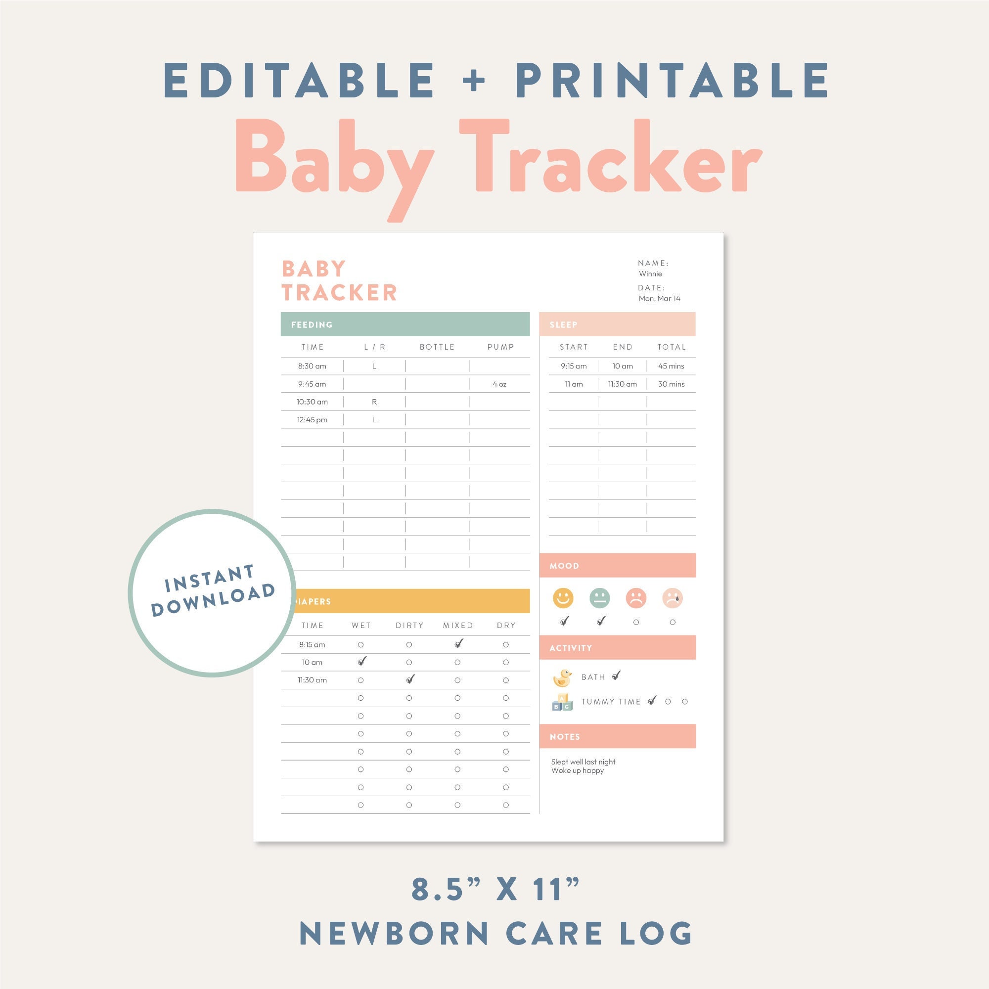 Printable Baby Daily Log, Newborn Chart, Intake Output Tracker ...