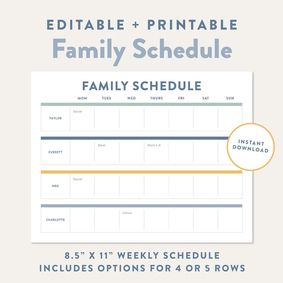 Editable Family Schedule Printable Weekly Planner - Etsy