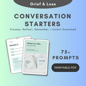 Könnte beinhalten: Ein digitaler Download von druckbaren Gesprächsanfangs-Karten zur Verarbeitung von Trauer und Verlust. Die Karten tragen den Titel "Lifalog Loss Talks" und bieten über 75 Aufforderungen, um Gespräche über Trauer und Verlust zu erleichtern. Der Text "Process, Reflect, Remember | Instant Download" ist ebenfalls auf dem Bild zu sehen.