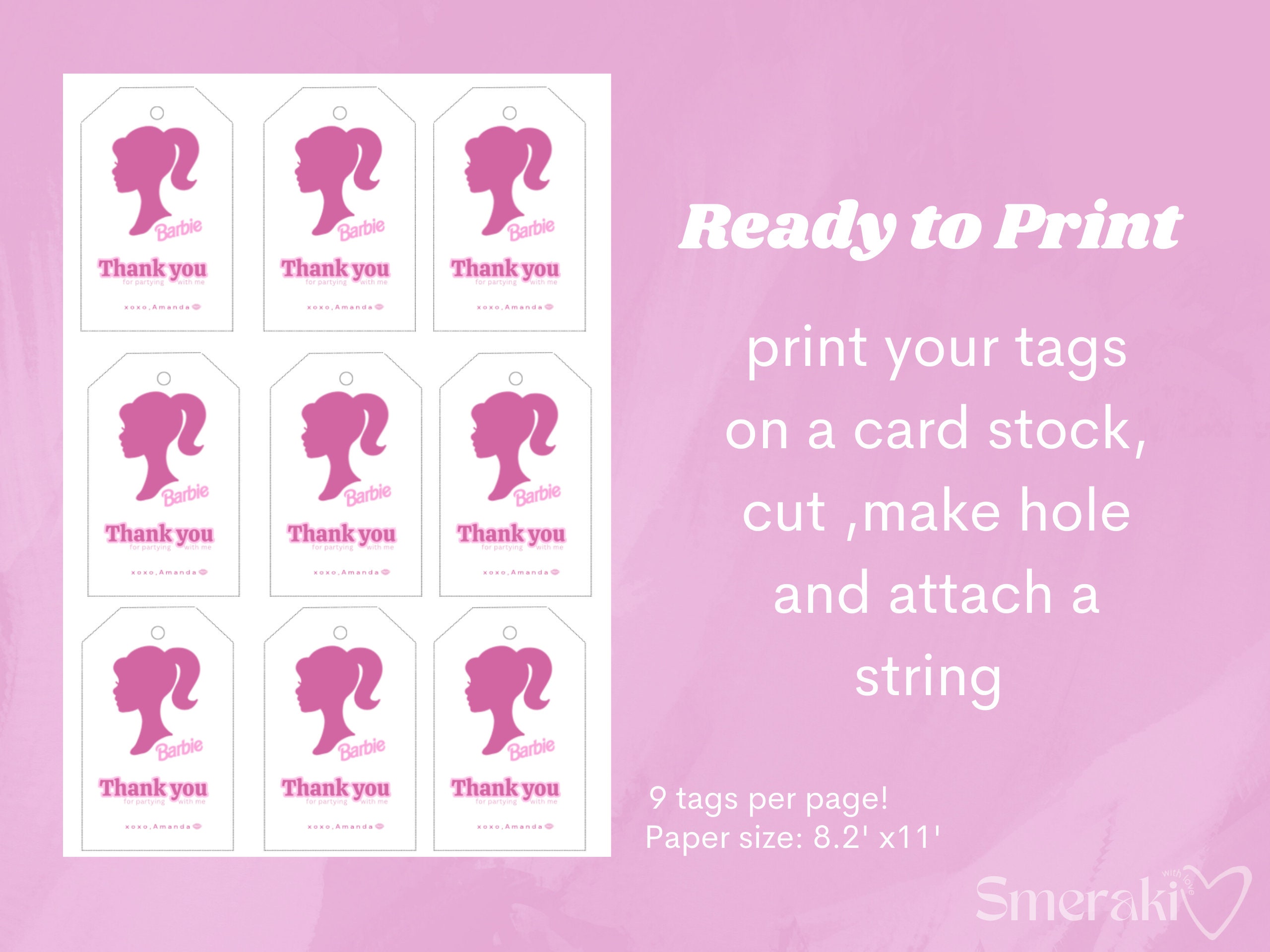 Barb Thank You Tag Pink Doll Birthday Favor Tag Template Hot - Etsy