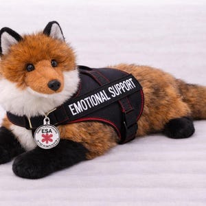 May include: A plush fox toy with brown and white fur, wearing a black vest that reads "EMOTIONAL SUPPORT." The vest has red stitching and a silver ESA tag. The fox is lying down.
