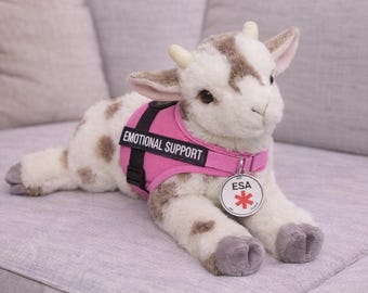 May include: A plush goat toy with white fur and brown spots, wearing a pink vest that says "EMOTIONAL SUPPORT." It has a silver tag with a red star and the letters "ESA." The toy is lying on a gray couch.