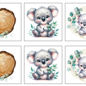 Peut inclure: Une collection d'illustrations à l'aquarelle représentant d'adorables koalas et une souche d'arbre. Les koalas sont représentés dans diverses poses, certains tenant des feuilles, d'autres avec leurs bébés. La palette de couleurs comprend des gris doux, des verts et des bruns.