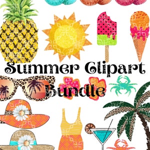 May include: A digital clipart bundle featuring summer themed images, including a pineapple, sun, popsicle, ice cream cone, sunglasses, flowers, a crab, a palm tree, a swimsuit, a cocktail, and hats. The text "Summer Clipart Bundle" is included in the image.