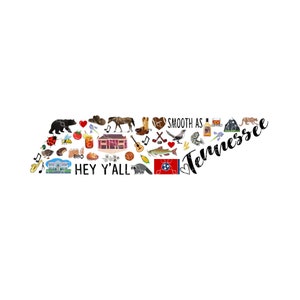 May include: A colorful illustration of the state of Tennessee, featuring various icons and symbols representing the state's culture and attractions. The text "Smooth as Tennessee" and "Hey Y'all" are included in the design.