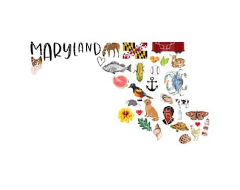 Könnte beinhalten: Eine farbenfrohe Illustration des Bundesstaates Maryland mit verschiedenen Symbolen, die den Bundesstaat repräsentieren, darunter ein Krebs, ein Fisch, eine Sonnenblume, ein Baseball, ein Herz, ein Pferd, eine Kuh, eine Schildkröte, ein Leuchtturm, ein Vogel, eine Katze, ein Hund, ein Maiskolben, eine Wassermelone, ein Anker, eine Muschel, ein Marienkäfer, ein Schmetterling und die Staatsflagge.